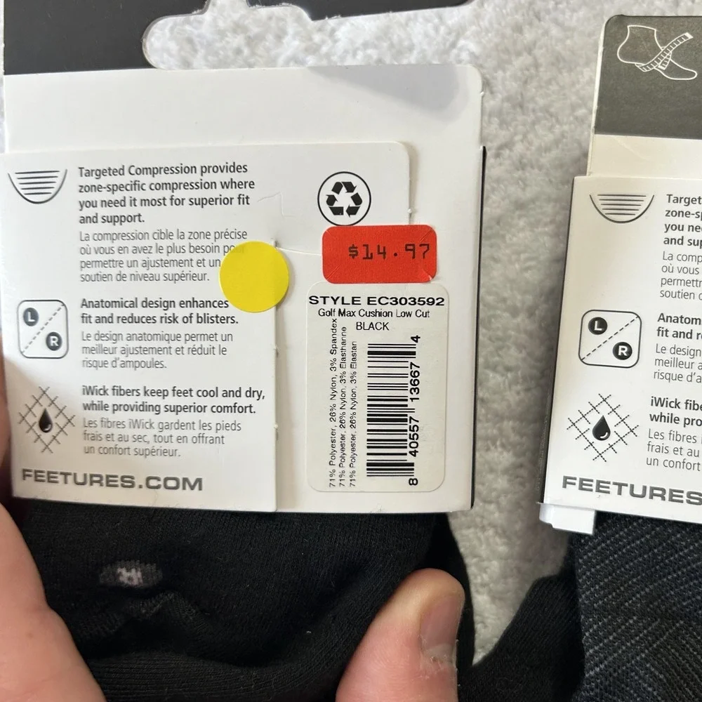 Feetures Mens Size M Black Max Cushion Low Cut Golf Socks 2 Pack